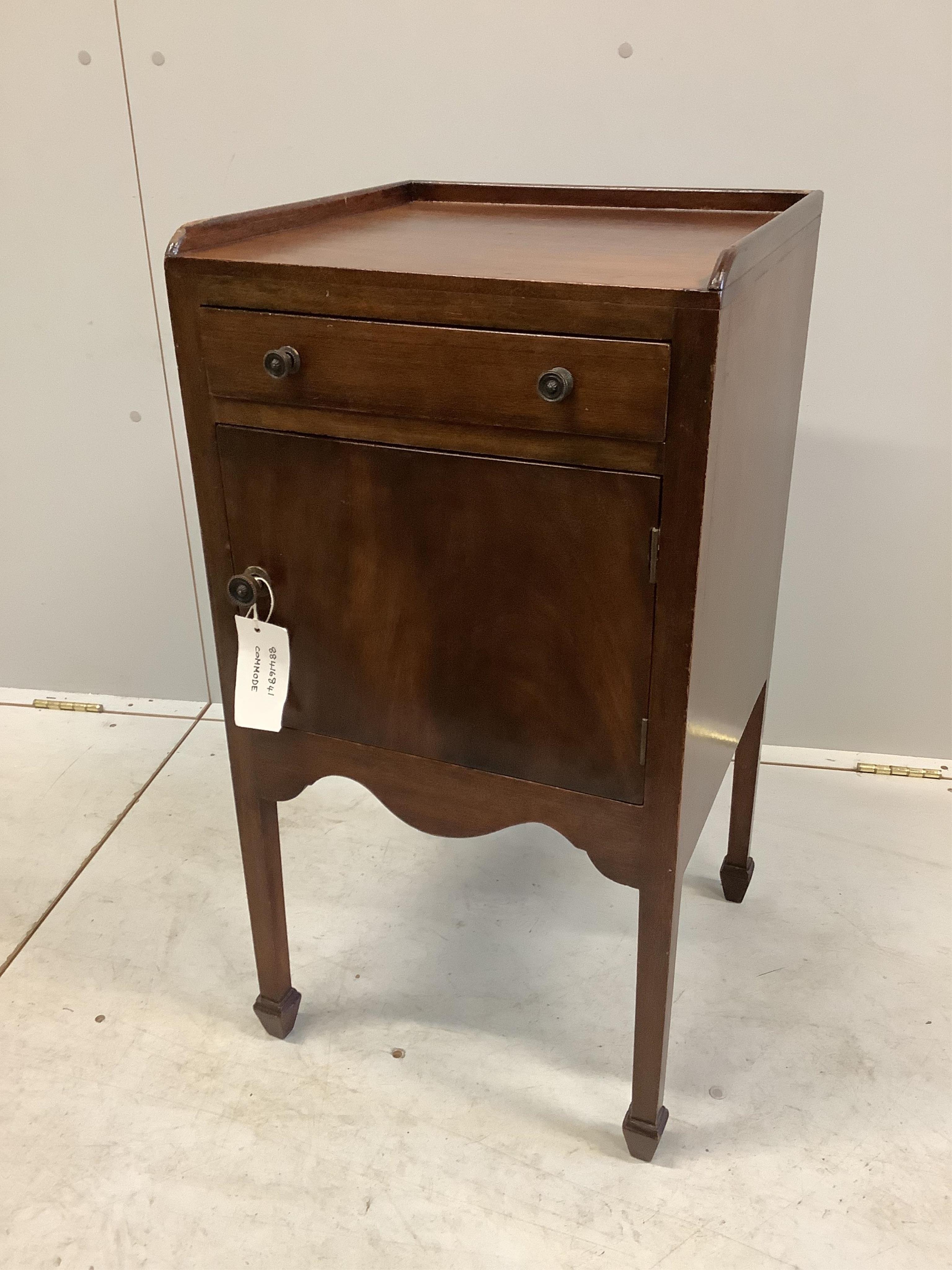 A pair of Edwardian mahogany bedside cabinets, width 41cm, depth 41cm, height 78cm. Condition - poor